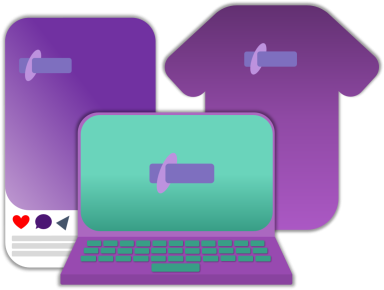 Laptop mit einem Lila-Hintergrund und zwei symbolischen Grafiken.