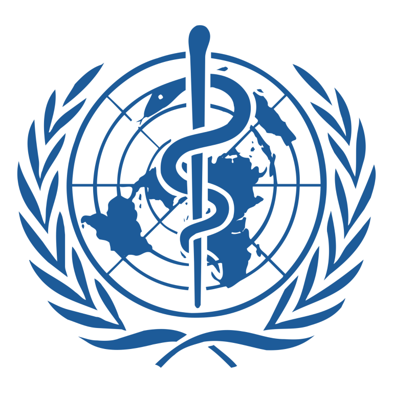 Logo der Weltgesundheitsorganisation (WHO) mit einem Globus und dem Äskulapstab.