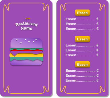 Speisekarte mit buntem Burger und Platze für Essensnamen und Preise.
