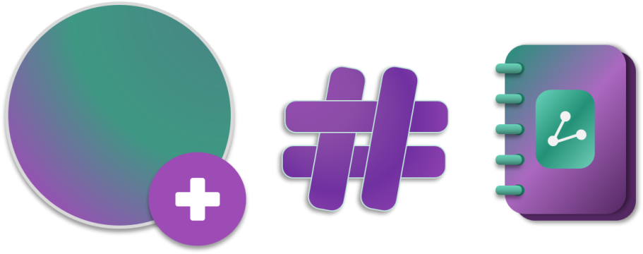 Grüner Kreis mit Pluszeichen, Hashtag-Symbol und Notizbuch-Icon von Remarkly