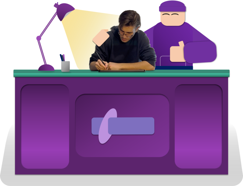 Eine Person am Schreibtisch, die notiert, mit einer stilisierten Figur im Hintergrund.