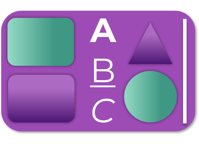 Bunte geometrische Formen (Rechteck, Dreieck, Kreis) mit Buchstaben A, B, C auf lila Hintergrund. Erstellt durch Remarkly