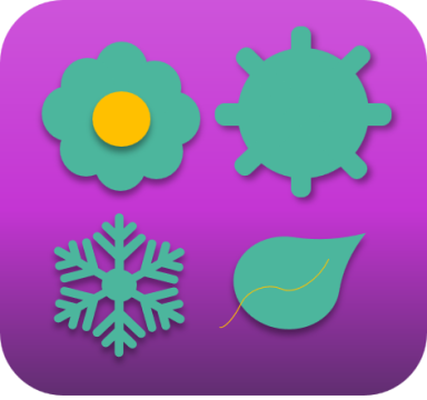 Bunte Symbole: Blume, Schneeflocke, Sonne und Blatt auf lila Hintergrund.